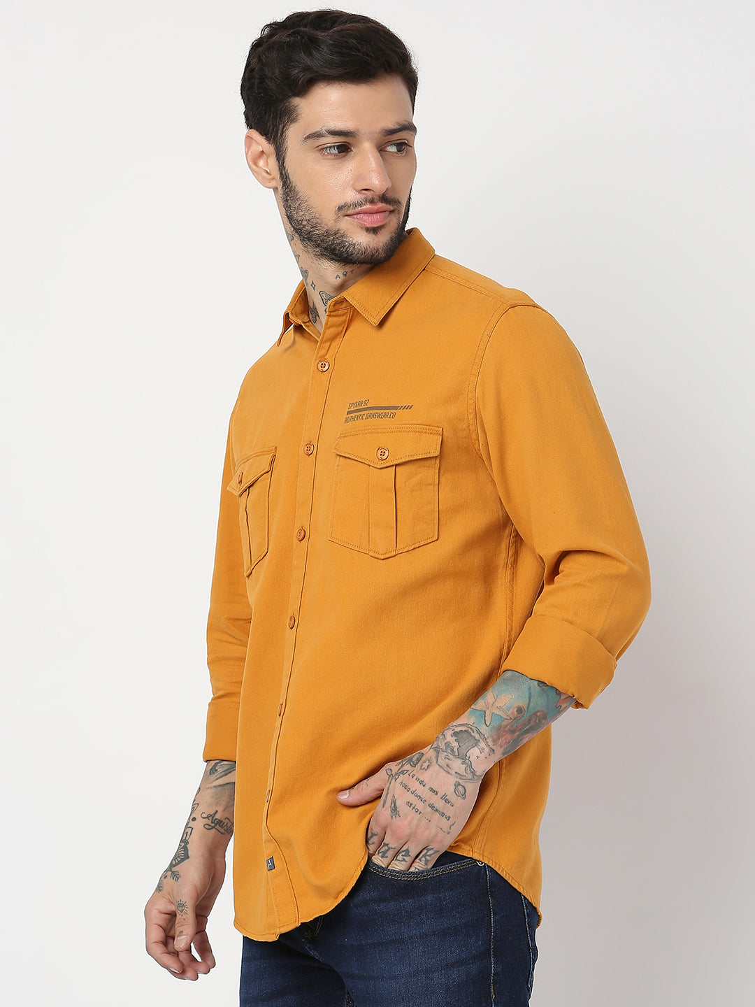 Spykar Men Mustard Cotton Slim Fit Plain Shirts