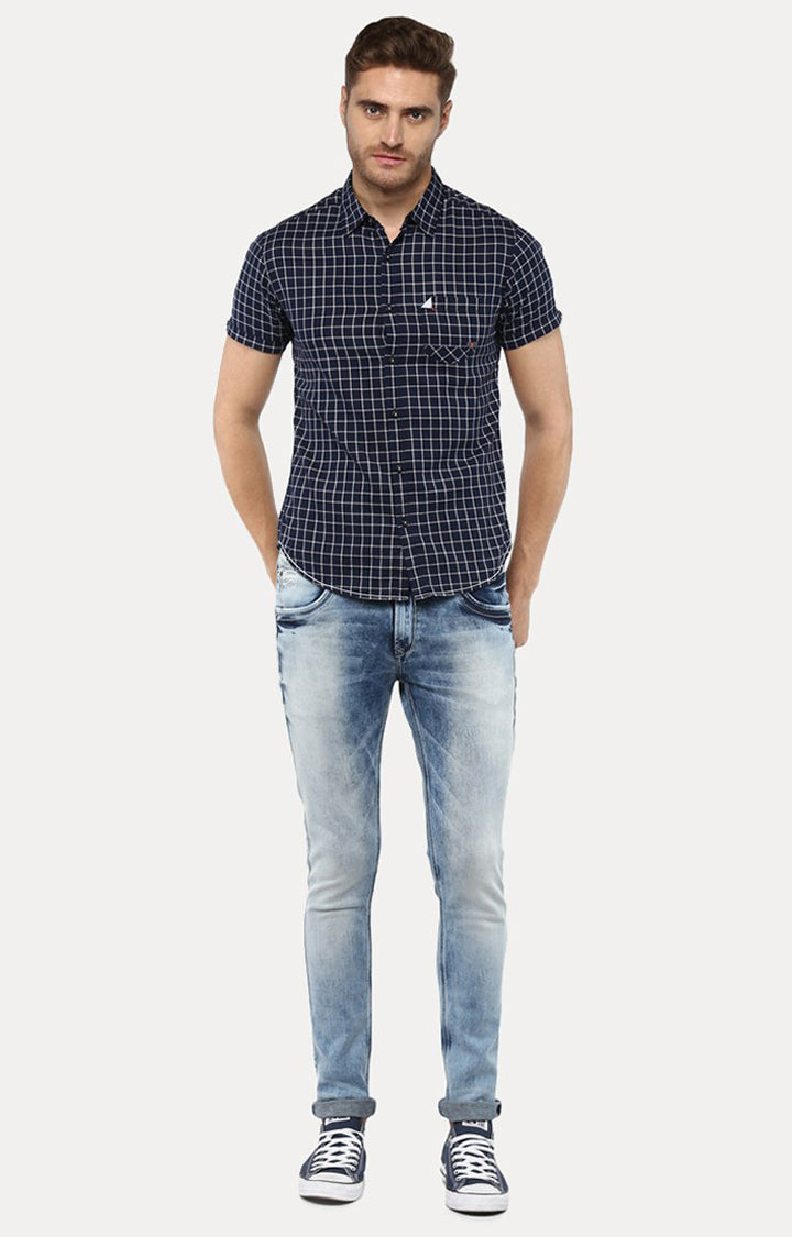 Spykar Men'S Blue Cotton Checked Casual Shirts