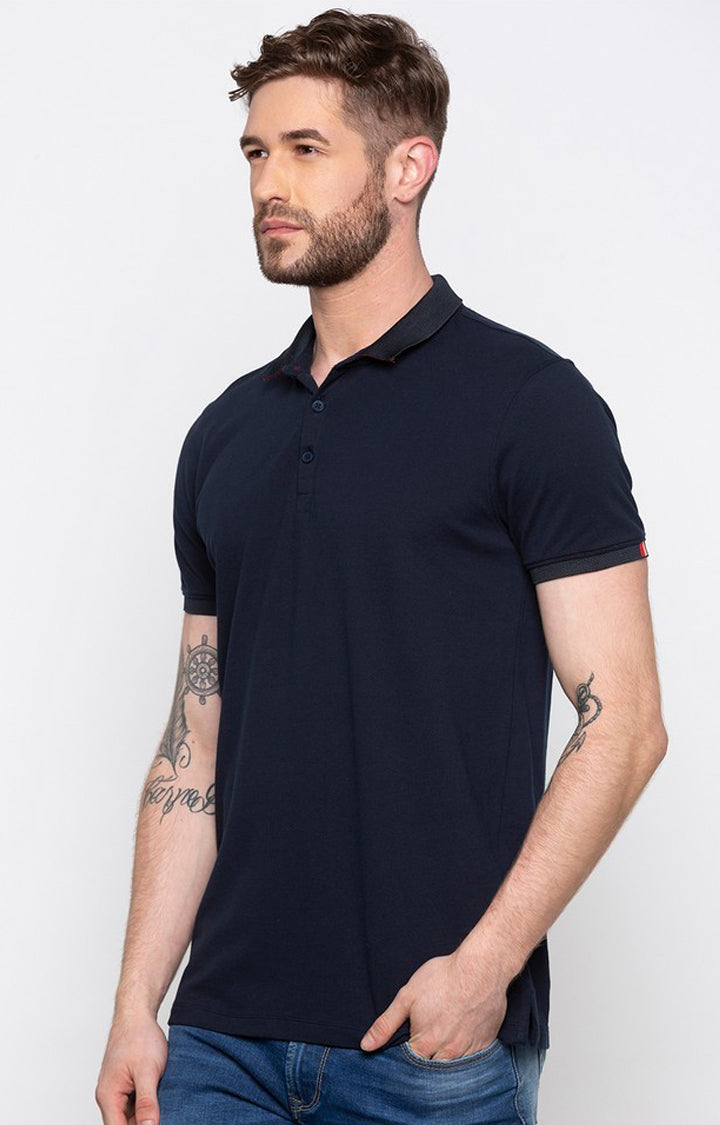 Spykar Men Navy Blue Cotton Slim Fit Half Sleeve Polo T-Shirt