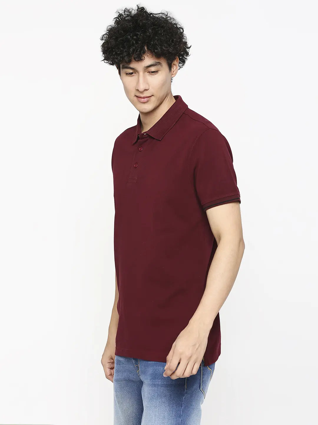 Spykar Men Wine Cotton Slim Fit Plain Polo Neck Tshirt