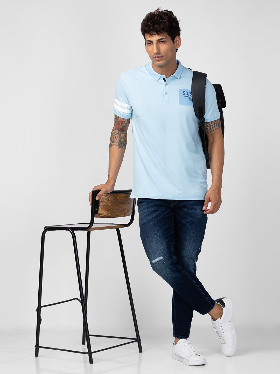 Spykar Men Powder Blue Cotton Regular Fit Half Sleeve Plain Polo T-Shirt