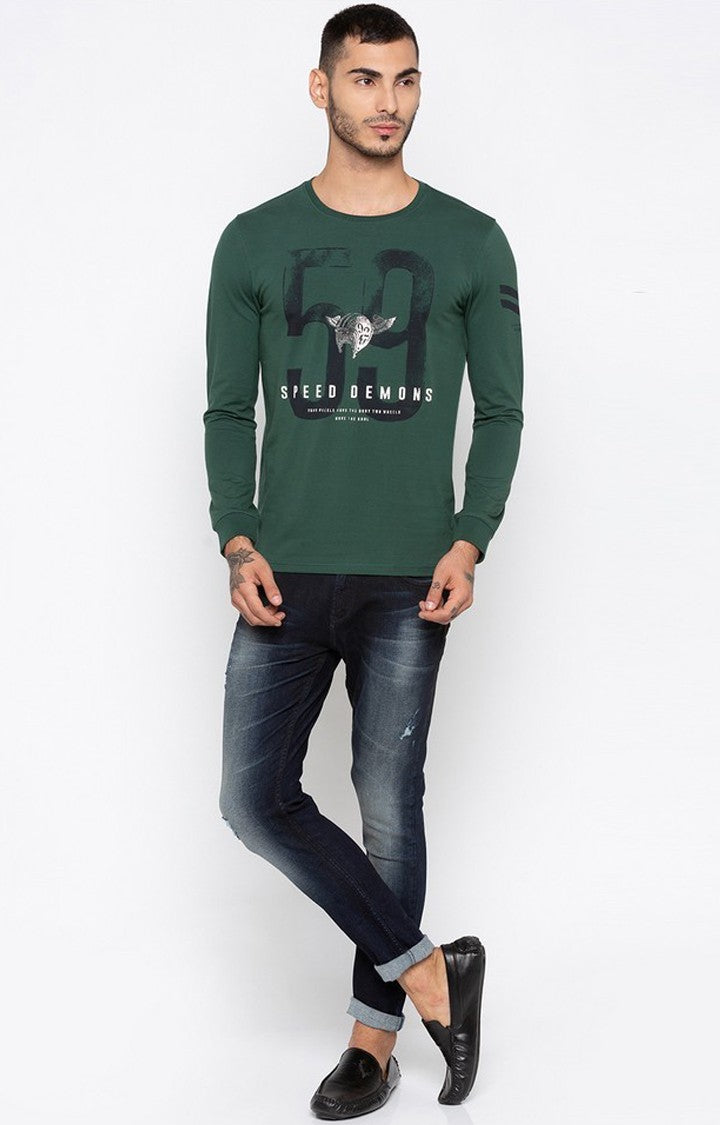 Spykar Green Printed Slim Fit Men T-Shirts