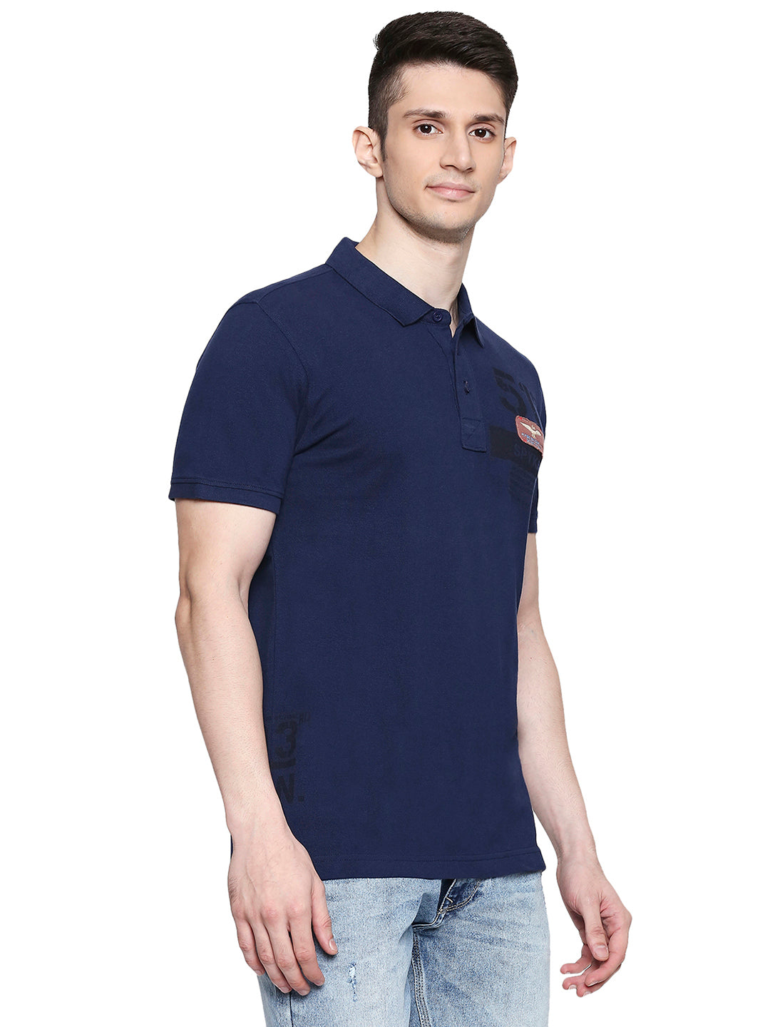 Spykar Men Blue Cotton Slim Fit Polo T-Shirt