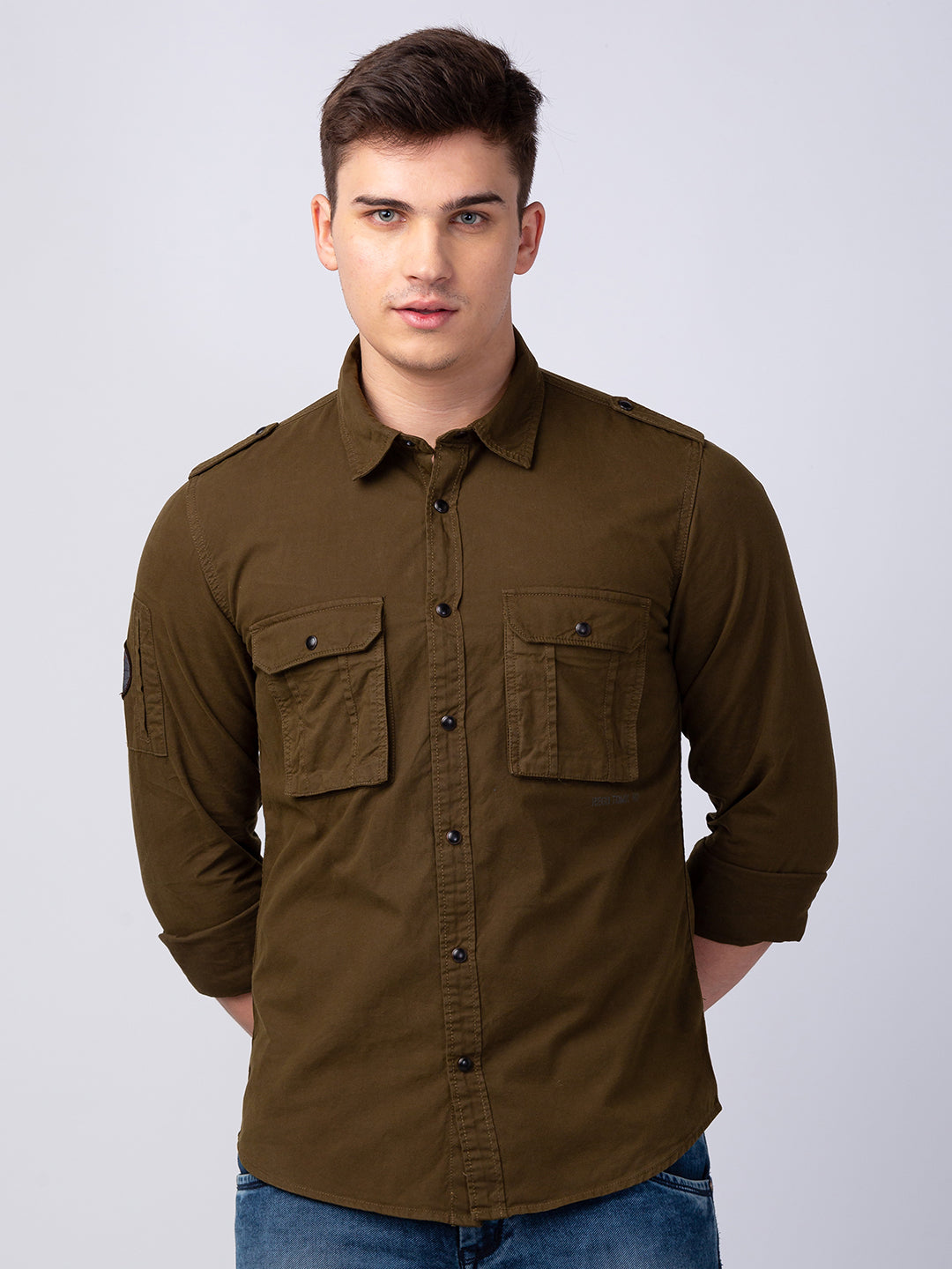 Spykar Men Olive Green Cotton Regular Slim Fit Plain Shirt