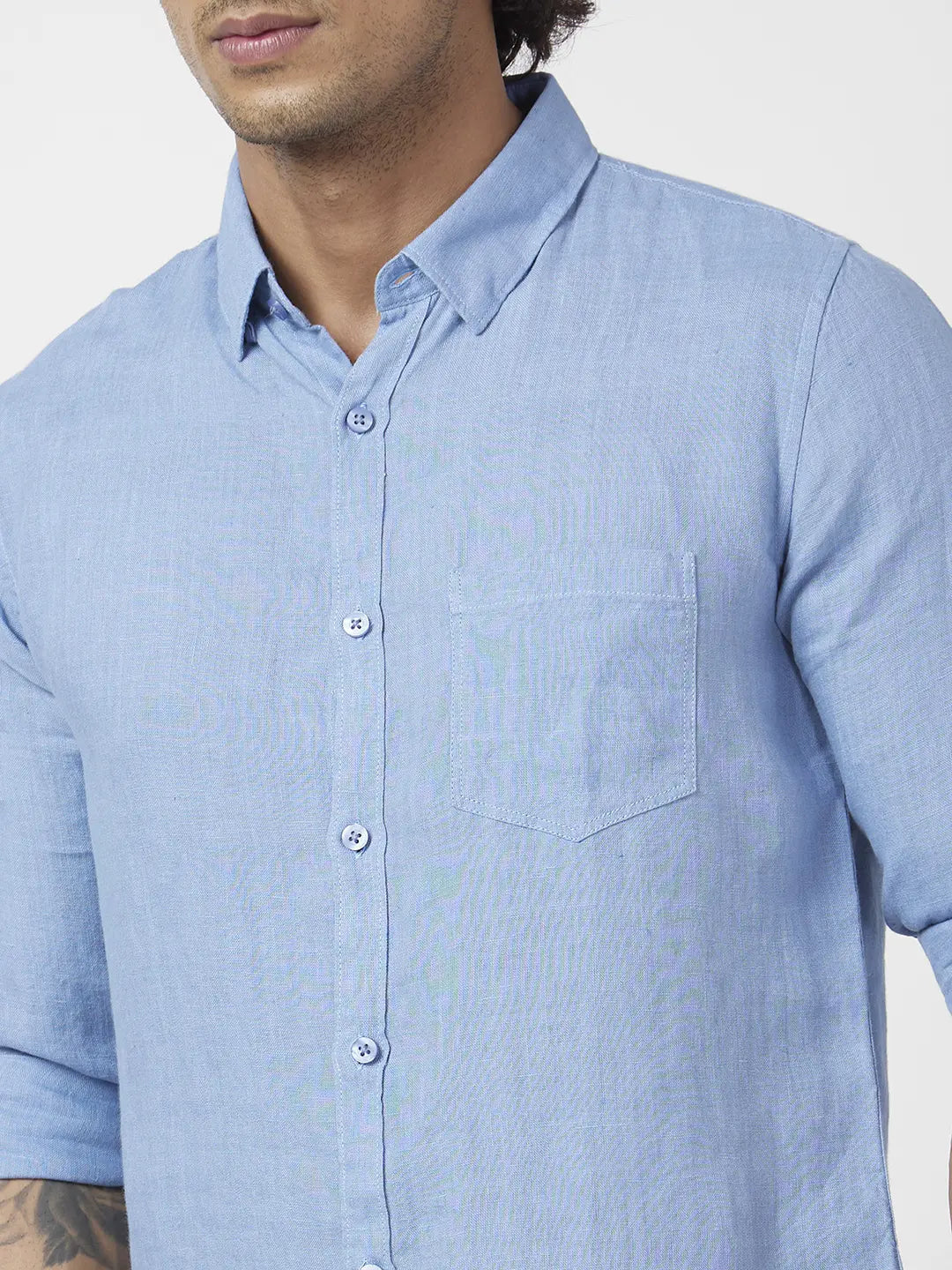 Spykar Men Powder Blue Linen Regular Slim Fit Full Sleeve Plain Shirt