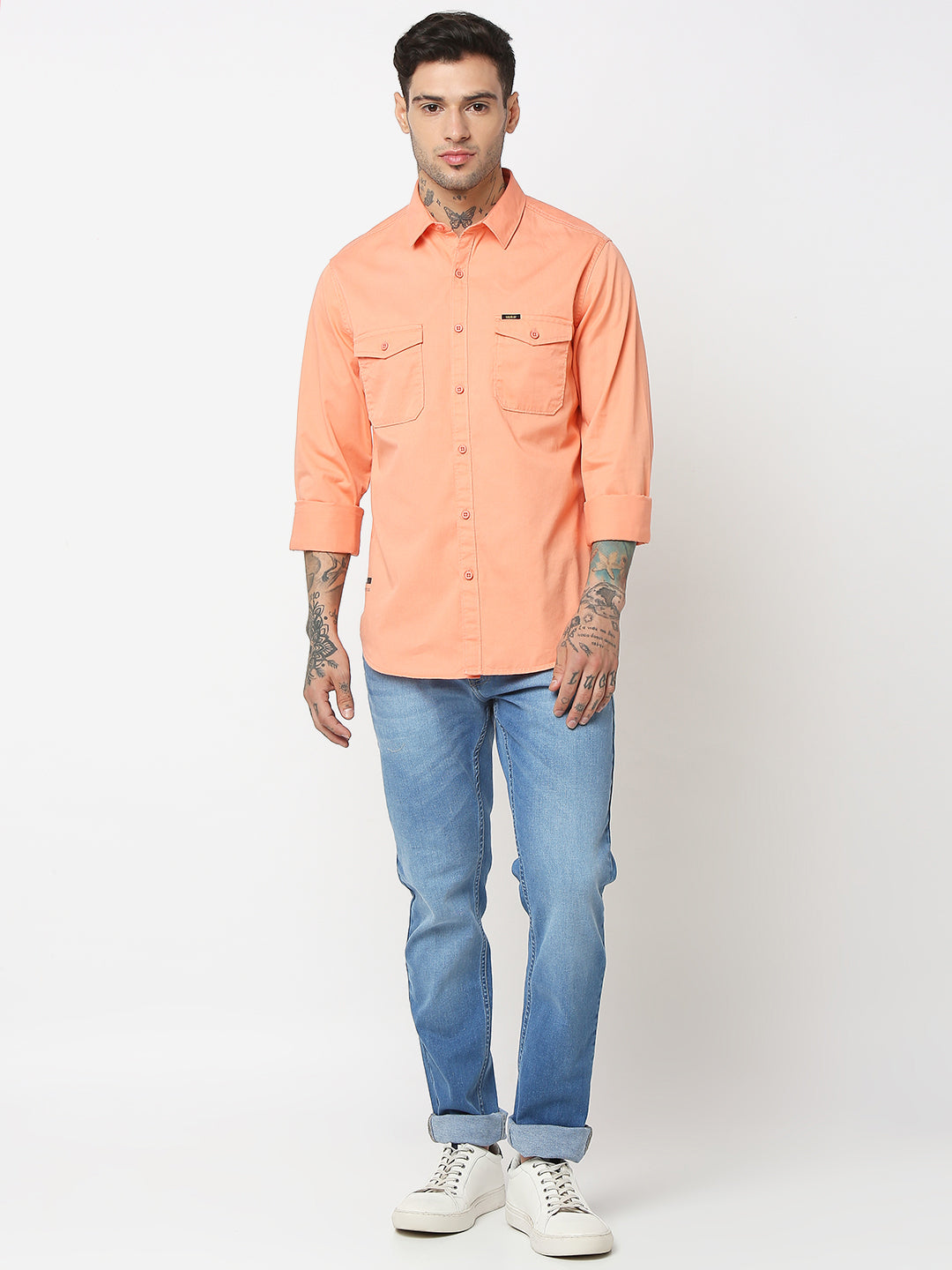 Spykar Men Peach Cotton Slim Fit Plain Shirts