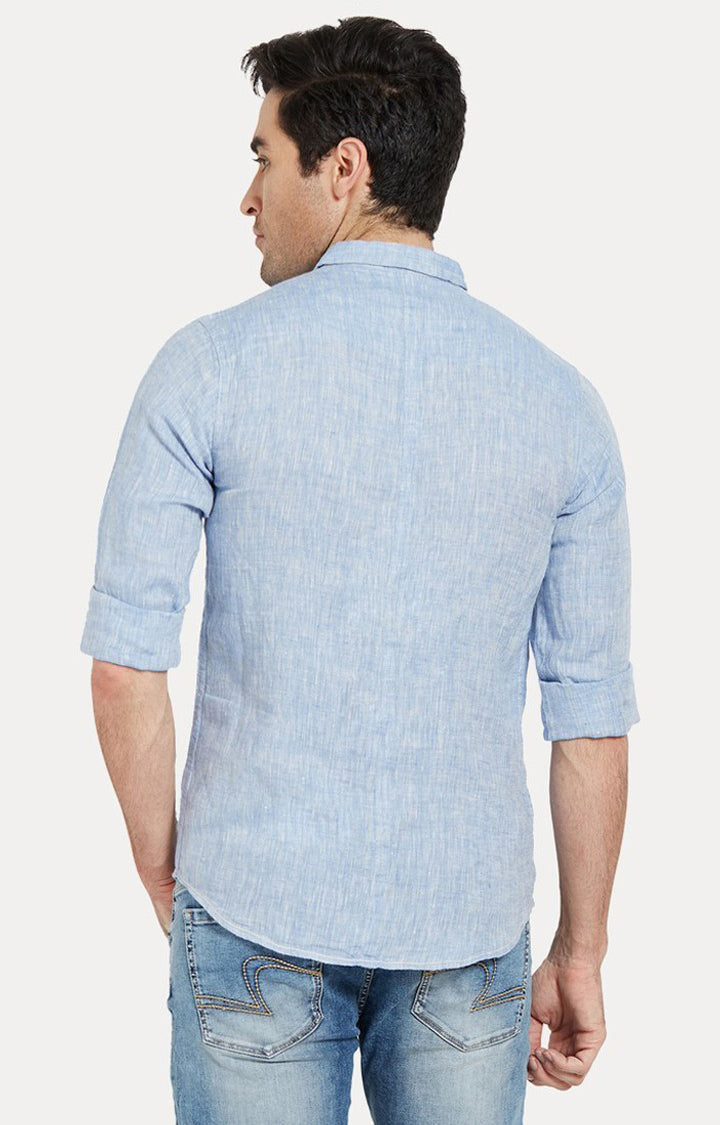 Spykar Men'S Blue Linen Melange Casual Shirts