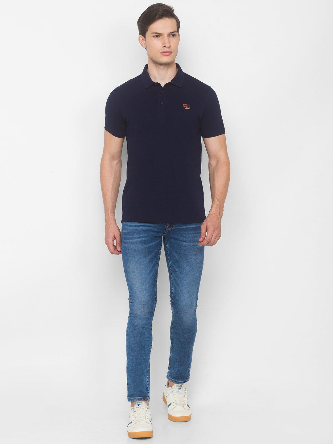 Spykar Men Blue Cotton Slim Fit Polo T-Shirt