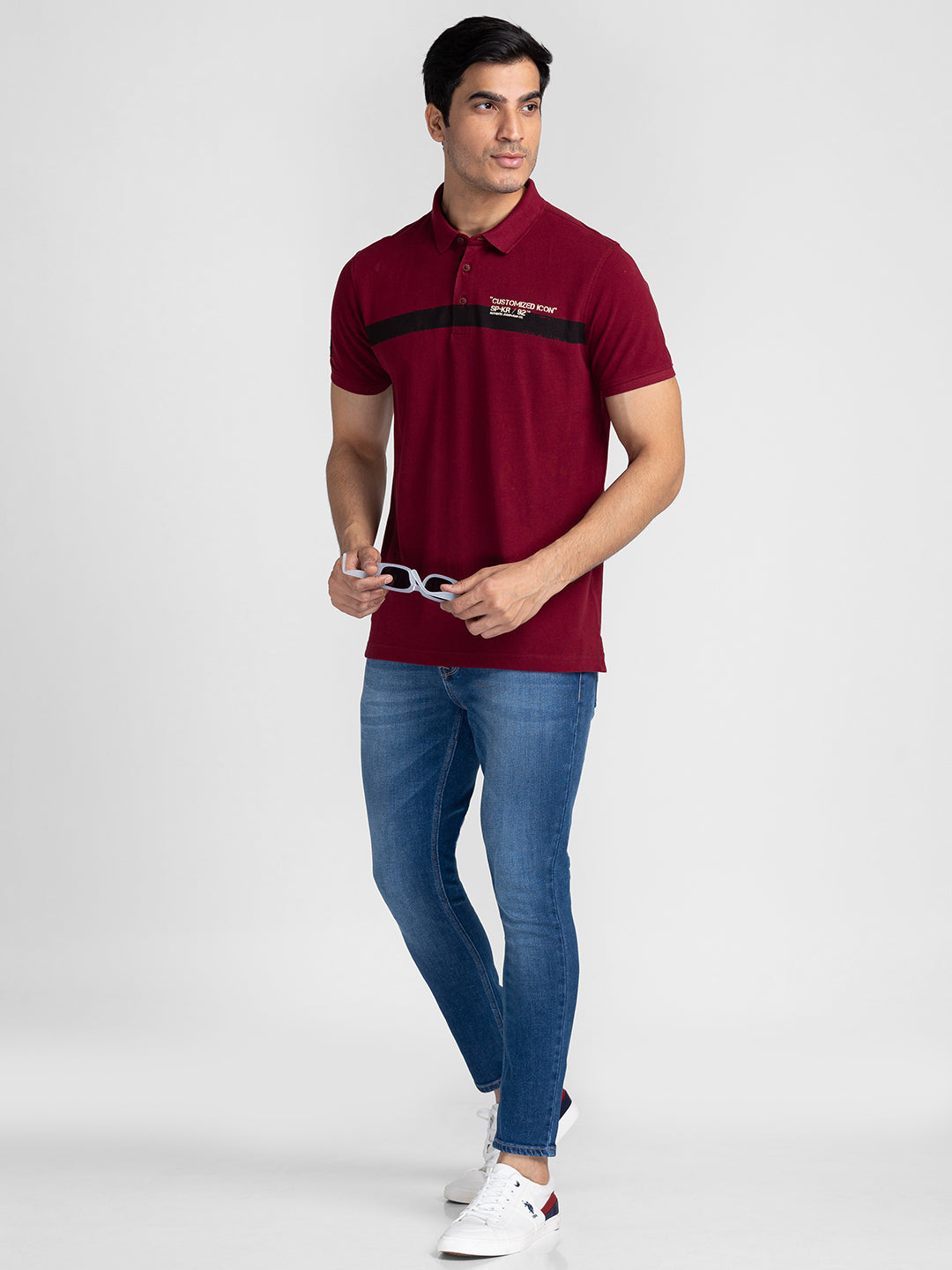 Spykar Men Berry Red Cotton Slim Fit Polo Printed T-Shirt