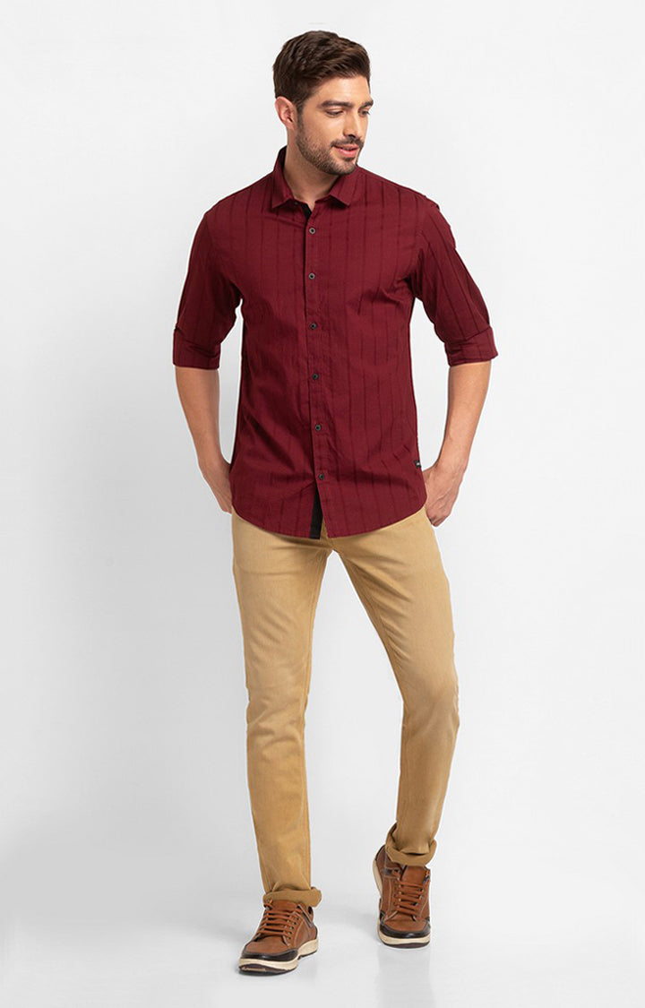 Spykar Maroon Cotton Full Sleeve Plain Shirt For Men