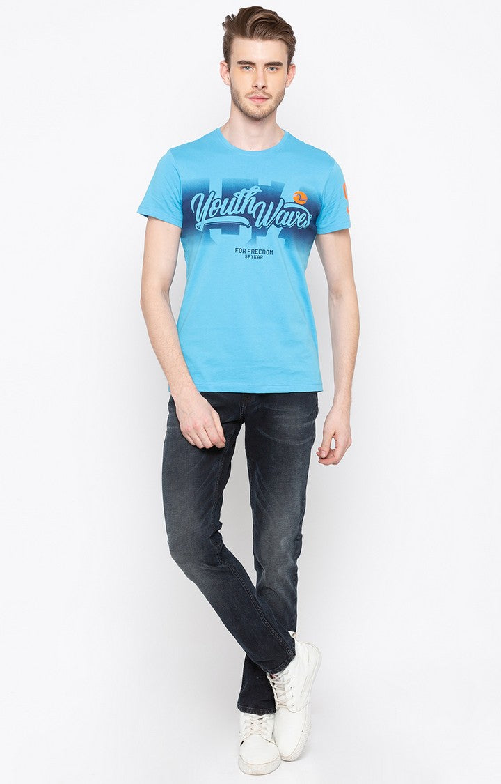 Spykar Sky Blue Printed Slim Fit Men T-Shirts