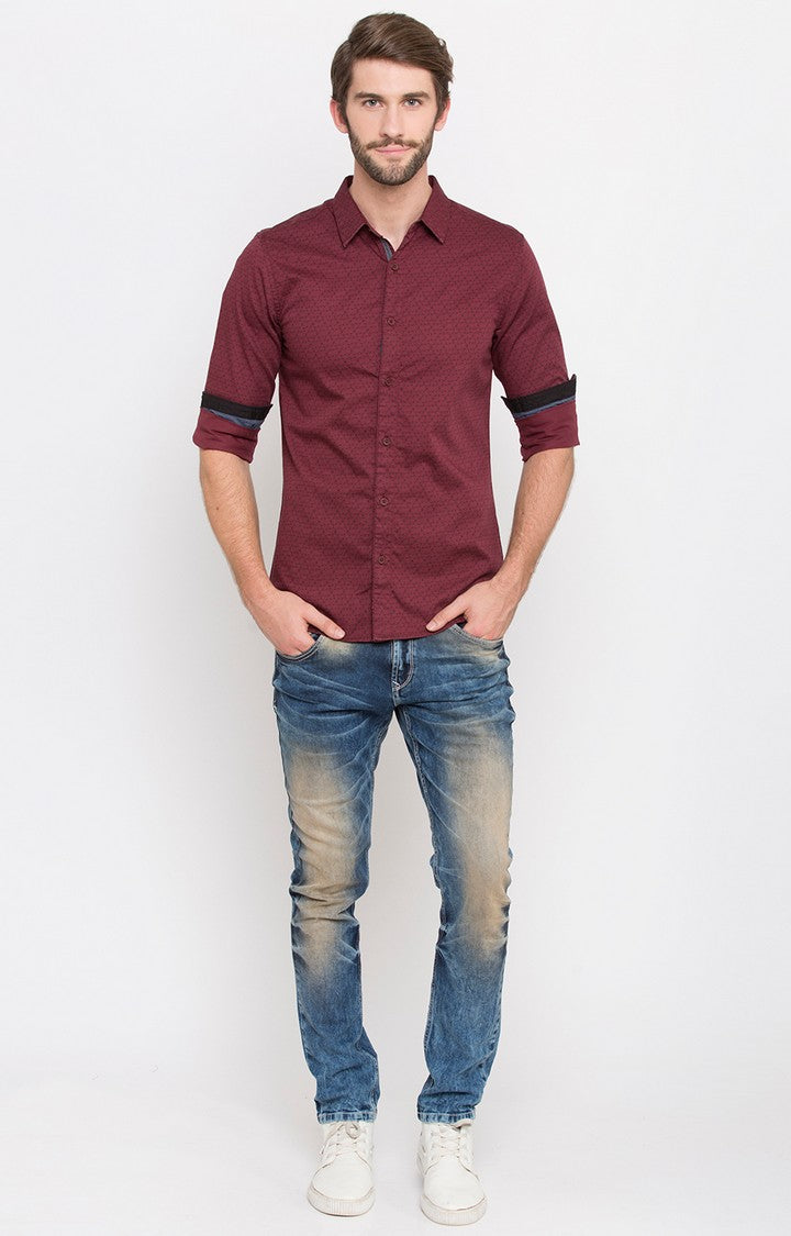 Spykar Men'S Red Satin Printed Casual Shirts