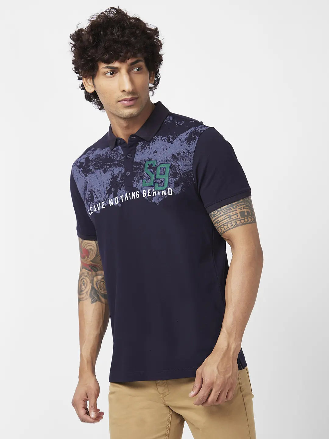 Spykar Men Navy Blue Blended Slim Fit Half Sleeve Polo Neck Printed Tshirt