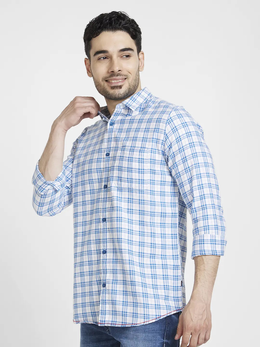 Spykar Men White Cotton Regular Slim Fit Full Sleeve Checkered Shirt