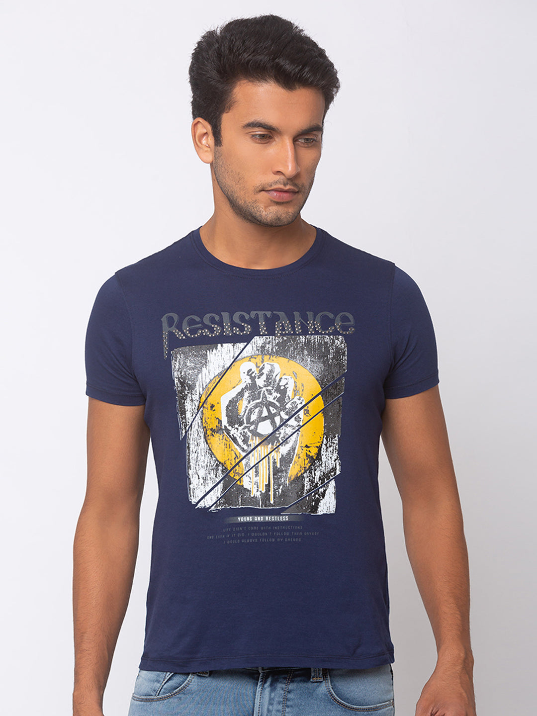 Spykar Men Blue Cotton Slim Fit Round Neck T-Shirt