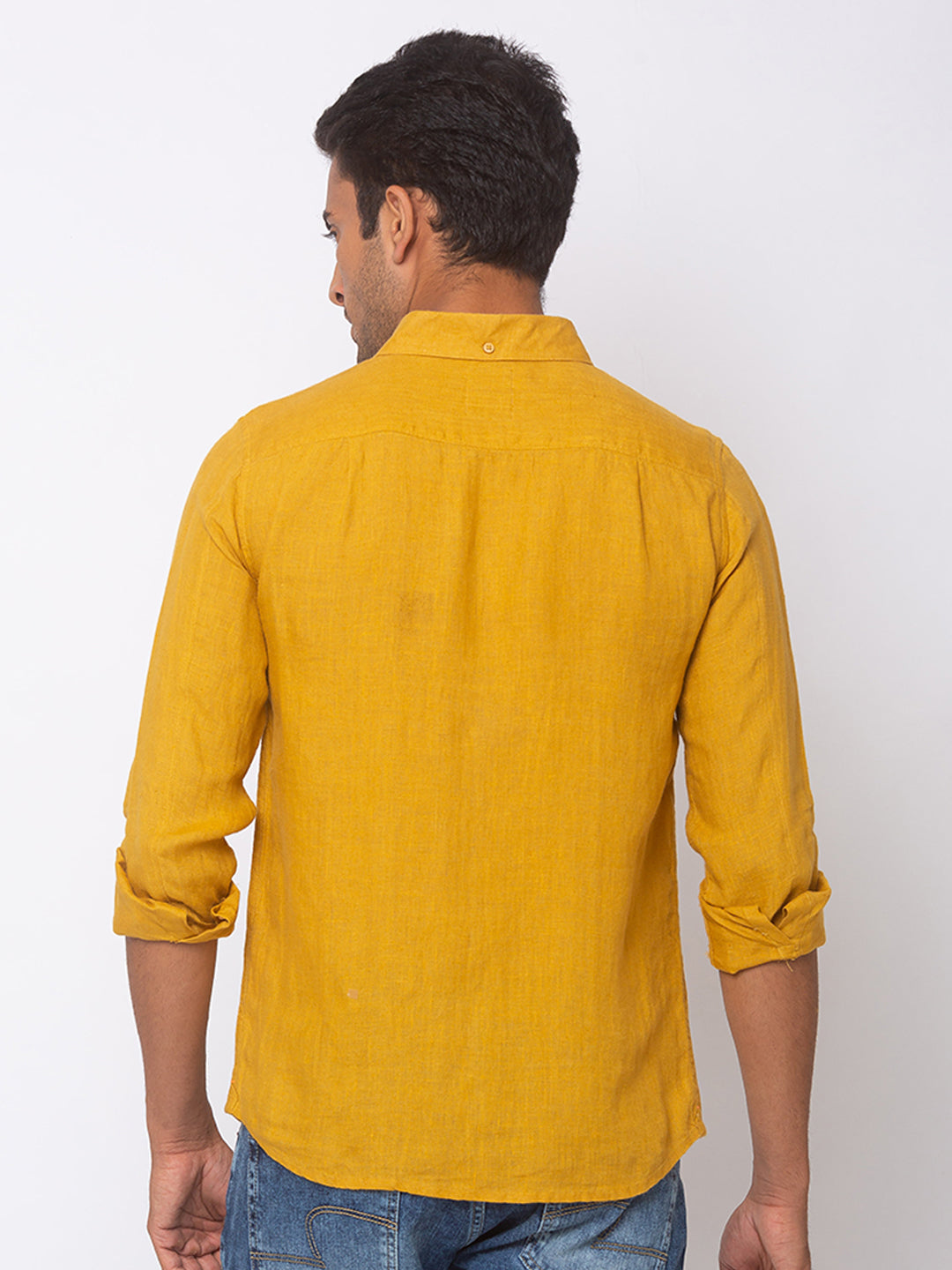 Spykar Men Mustard Yellow Linen Slim Fit Shirt