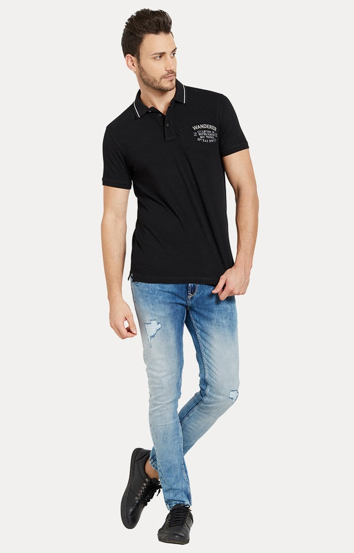 Spykar Black Solid Slim Fit Polo T-Shirt