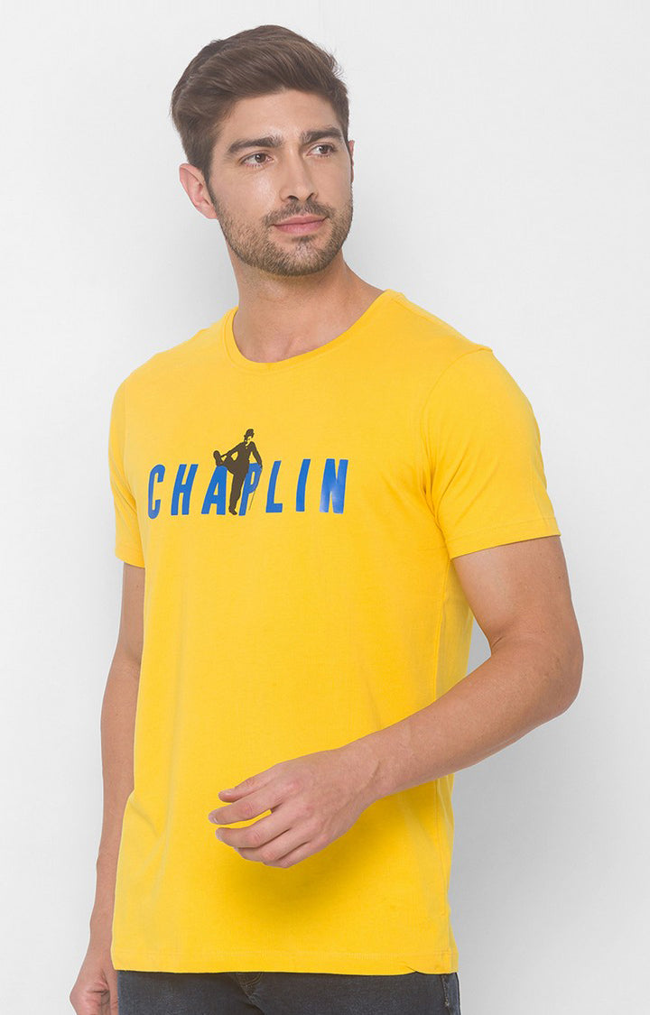 Charlie Chaplin Spykar Men Chrome Yellow Cotton Slim Fit Round Neck Printed T-Shirt