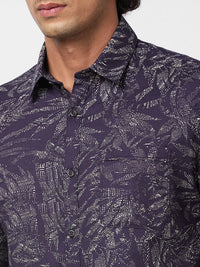 Spykar Men Navy Blue Slub Regular Slim Fit Full Sleeve Casual Floral Print Shirt