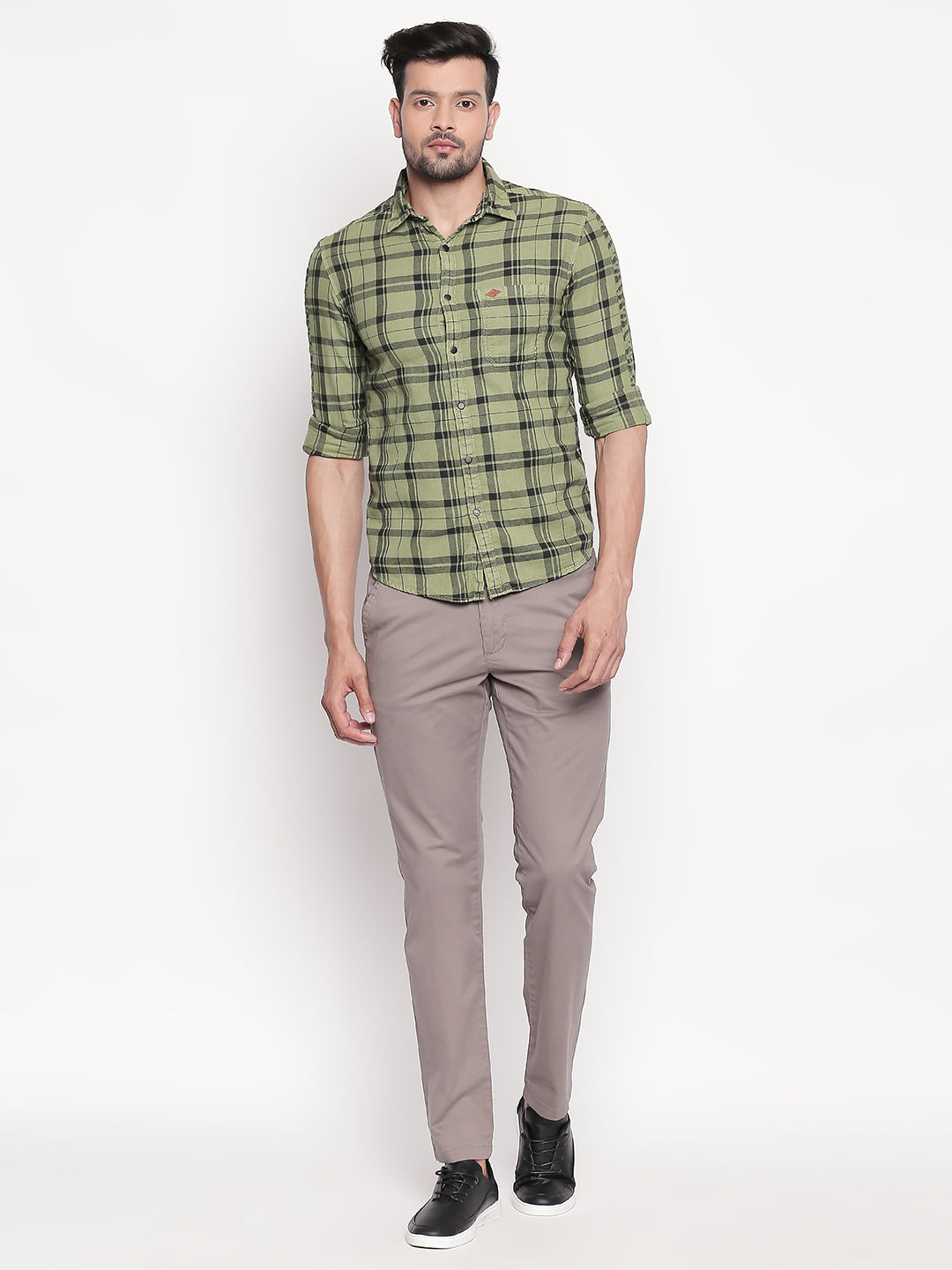 Spykar Men Olive Checked Slim Fit Casual Shirt