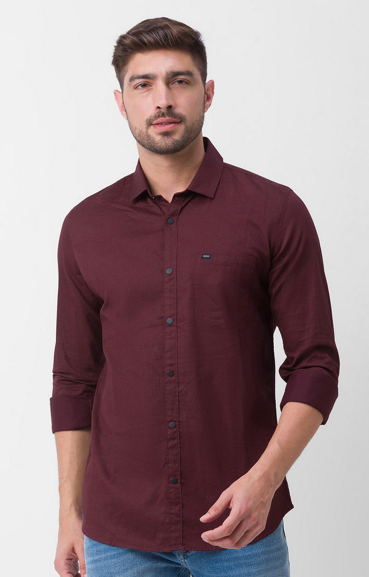 Spykar Wine Red Satin Full Sleeve Printed Shirt For Men