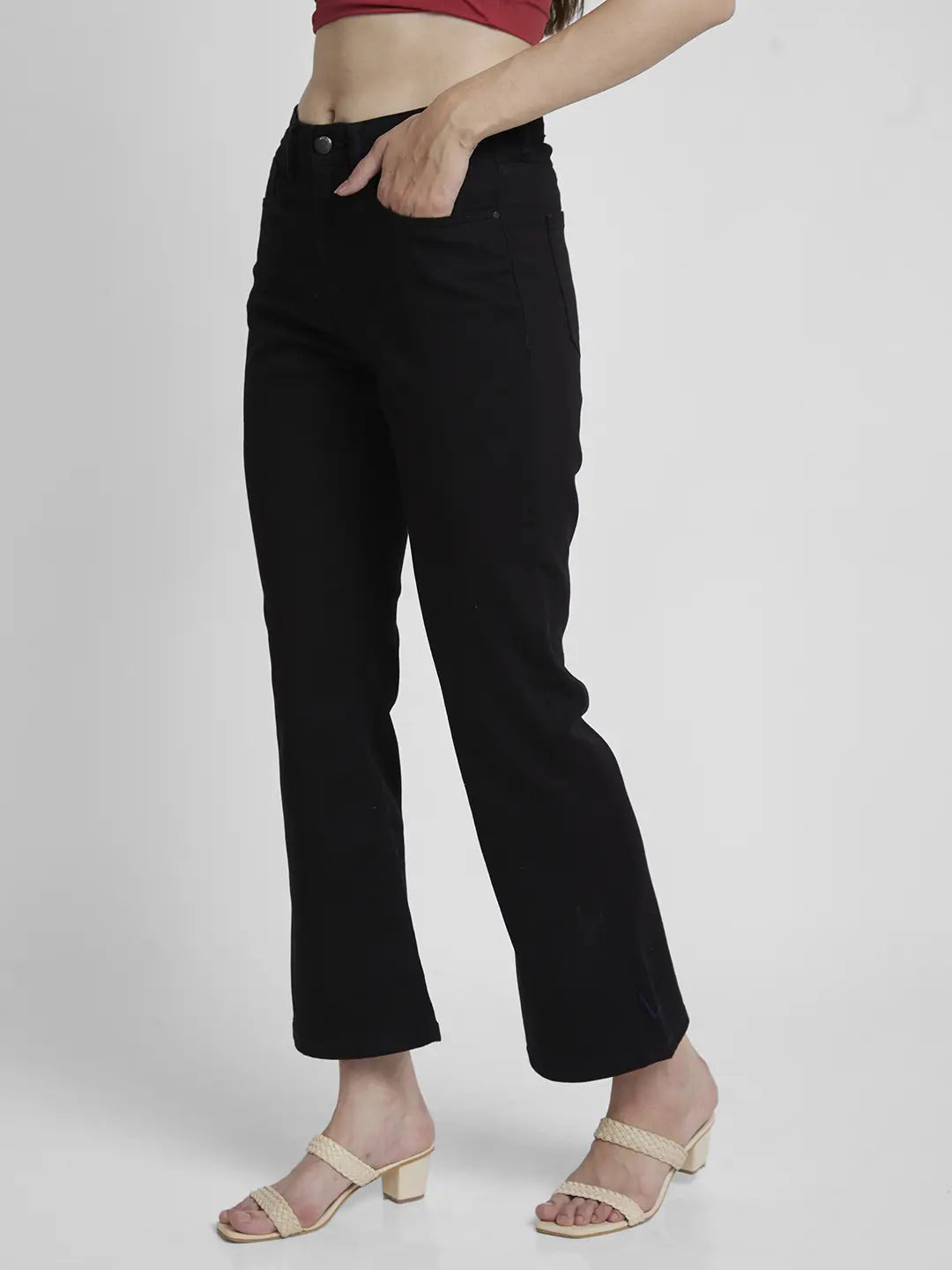 Spykar Women Raw Black Lycra Bootcut Fit Ankle Length Clean Look Jeans -(Elissa)