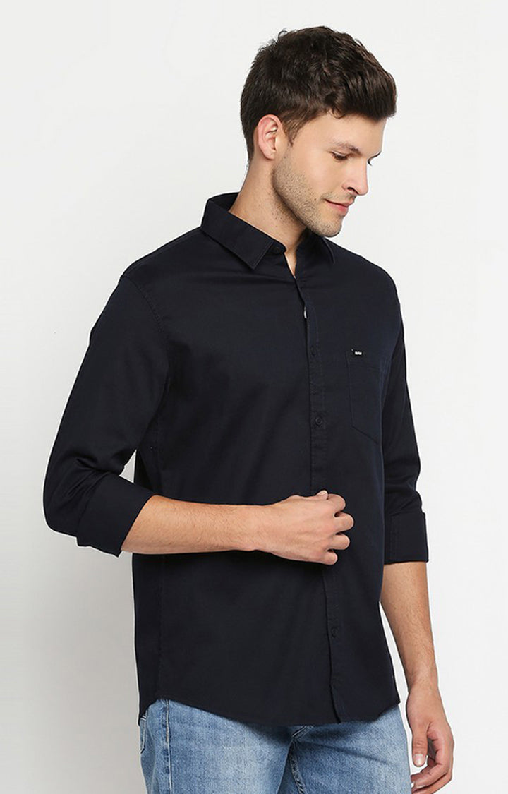 Spykar Navy Cotton Full Sleeve Plain Shirt For Men