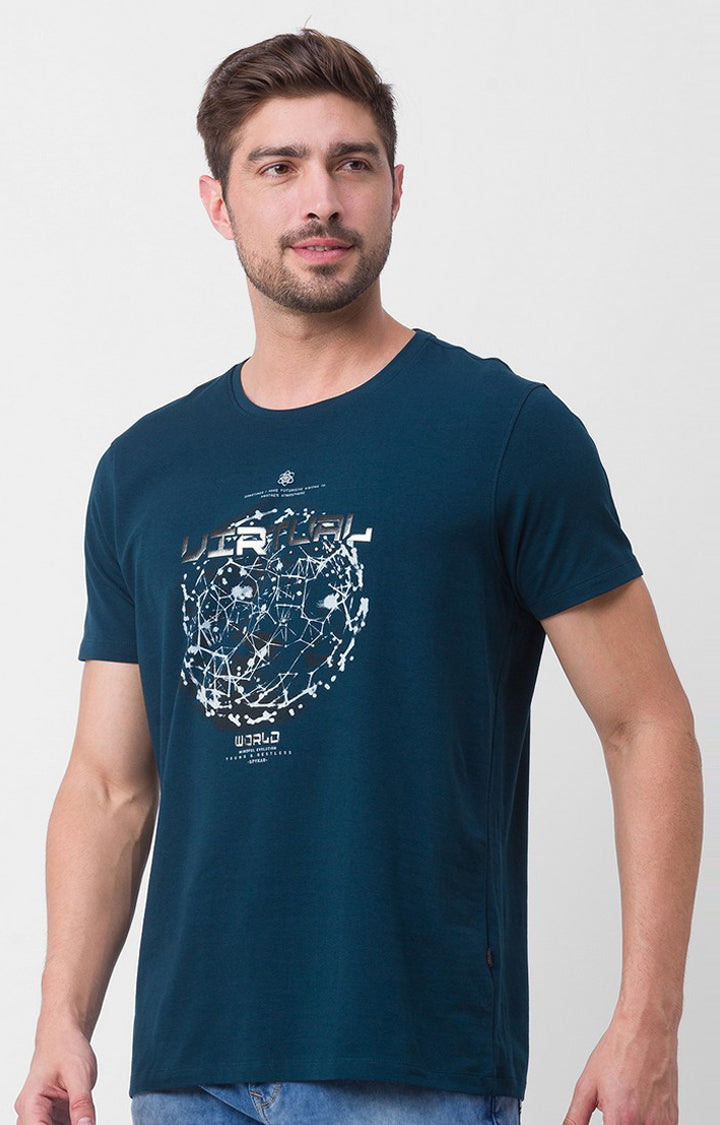 Spykar Teal Blue Cotton Half Sleeve Printed Casual T-Shirt For Men