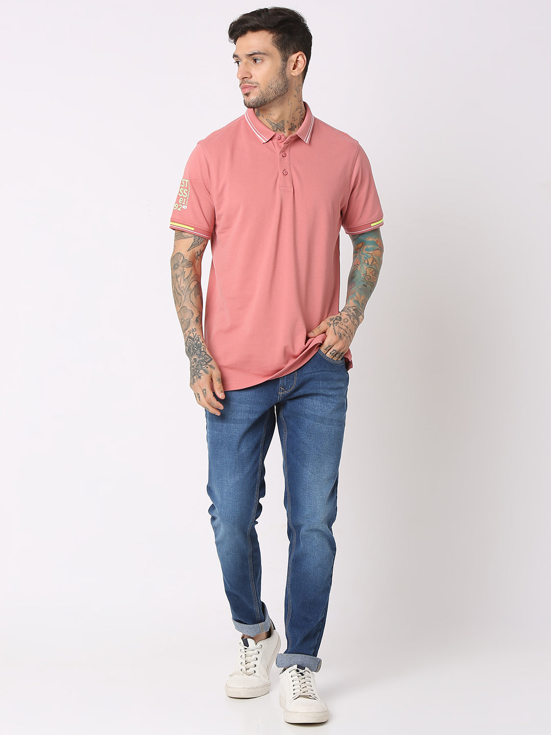 Spykar Men Dusty Pink Cotton Regular Fit Polo Plain T-Shirt