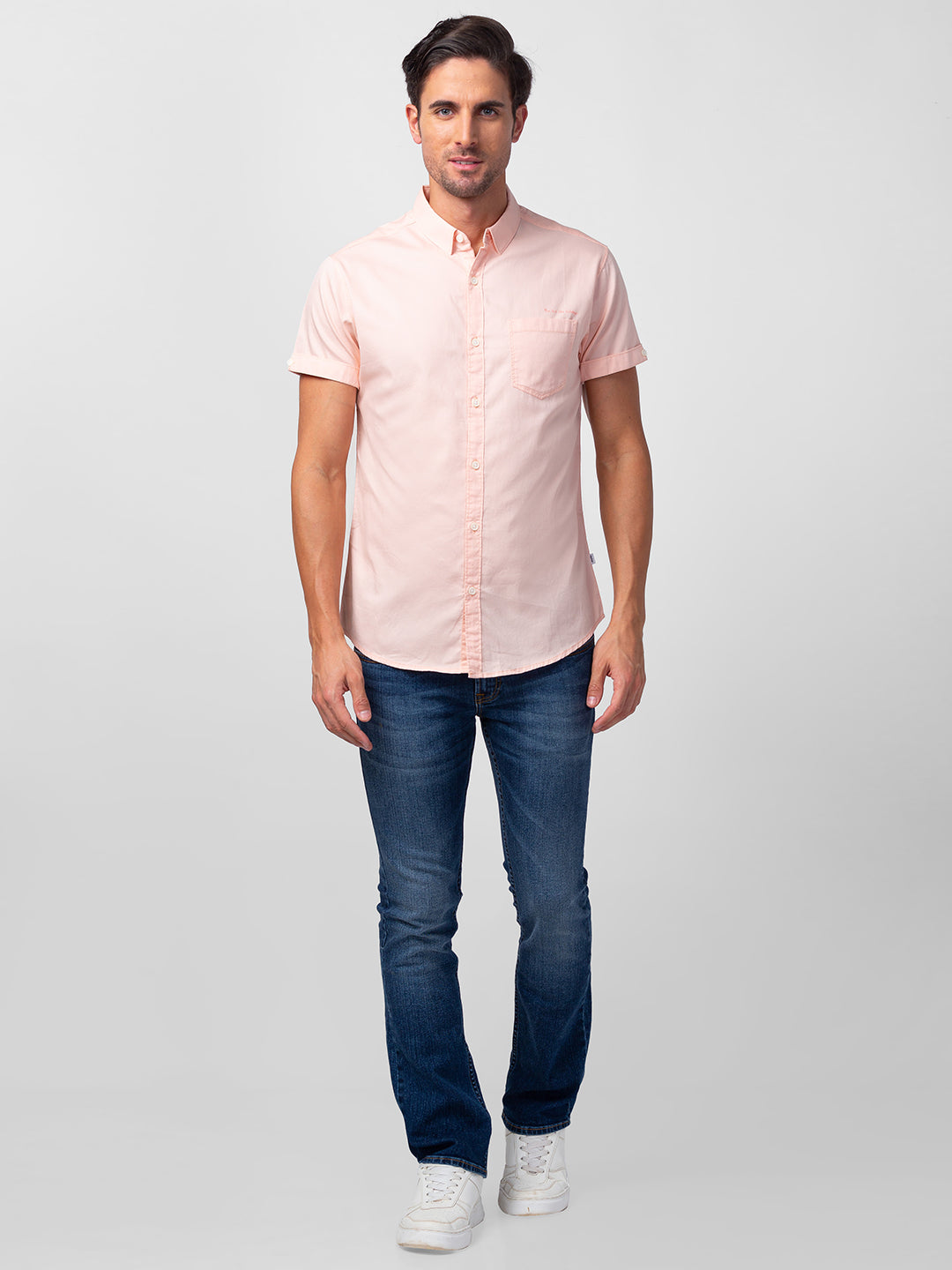 Spykar Men Peach Cotton Slim Fit Plain Shirt