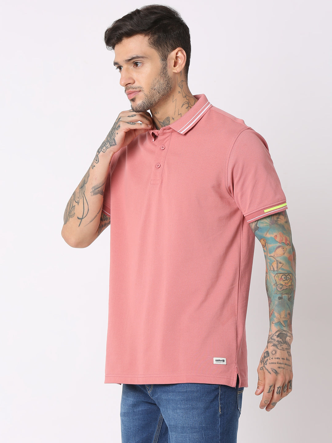 Spykar Men Dusty Pink Cotton Regular Fit Polo Plain T-Shirt