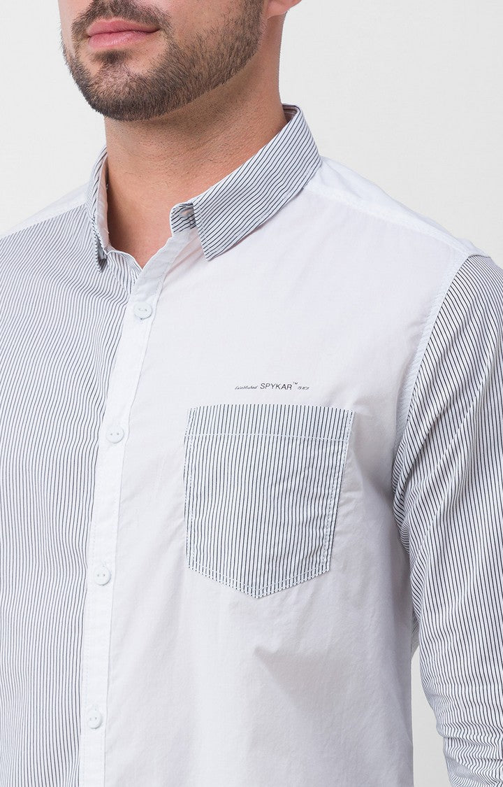 Spykar White Cotton Full Sleeve Stripes Shirt For Men