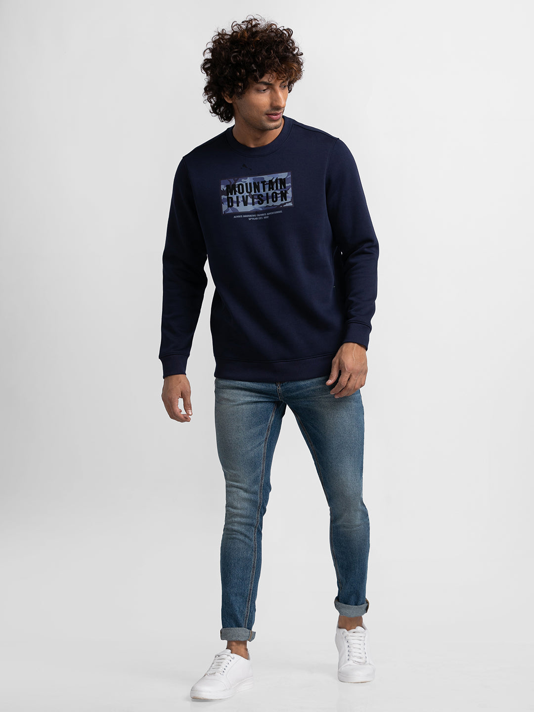 Spykar Navy Blue Cotton Full Sleeve Round Neck Sweatshirt For Men