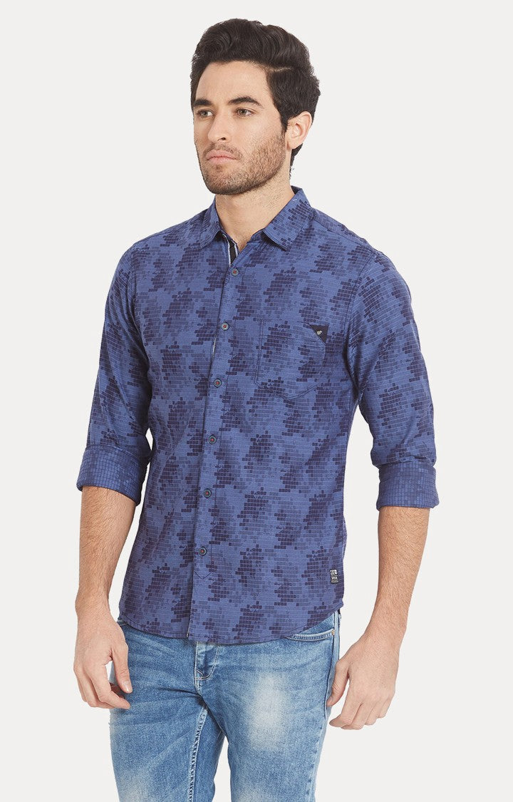 Spykar Men Blue Printed Slim Fit Casual Shirt