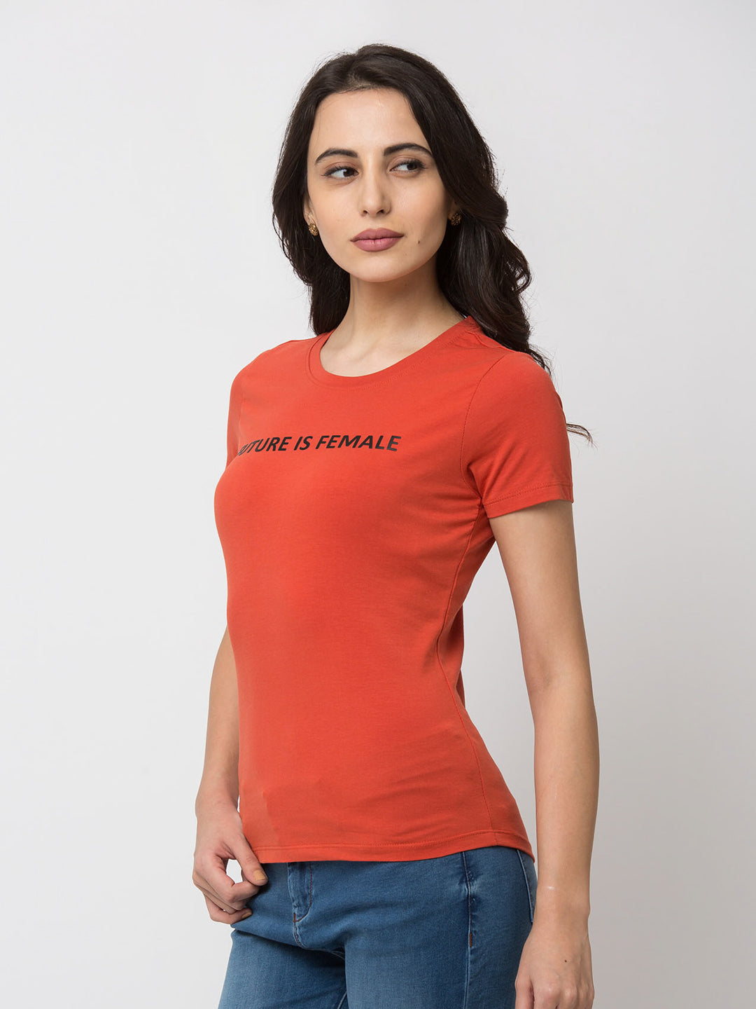 Spykar Women Orange Cotton Slim Fit Round Neck T-Shirts