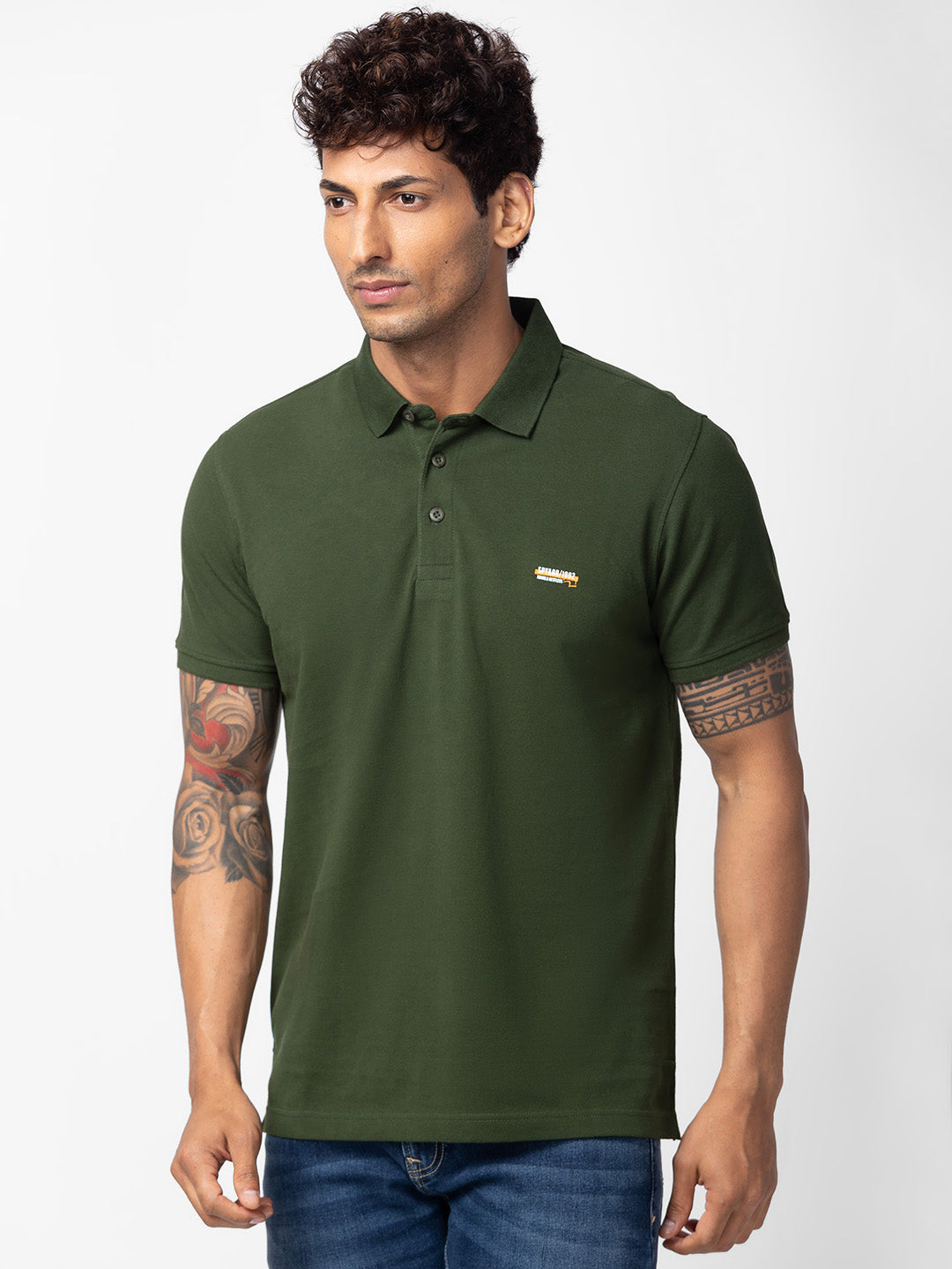 Spykar Men Rifle Green Cotton Regular Fit Half Sleeve Plain Polo T-Shirt