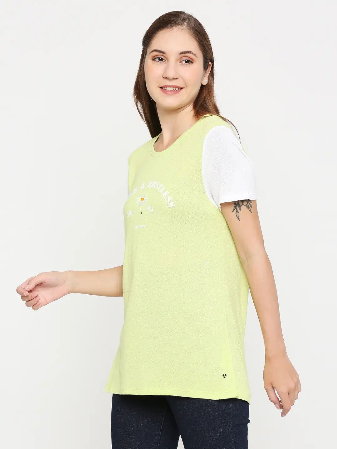 Spykar Women Pea Green Cotton Regular fit Round Neck Printed T-Shirts