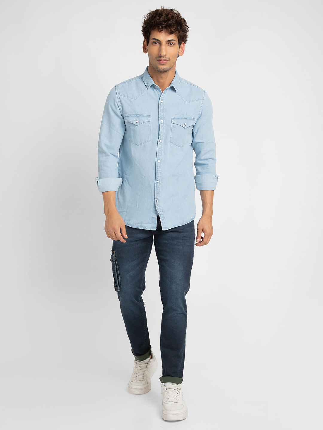 Spykar Men Light Blue Cotton Slim Fit Denim Shirt