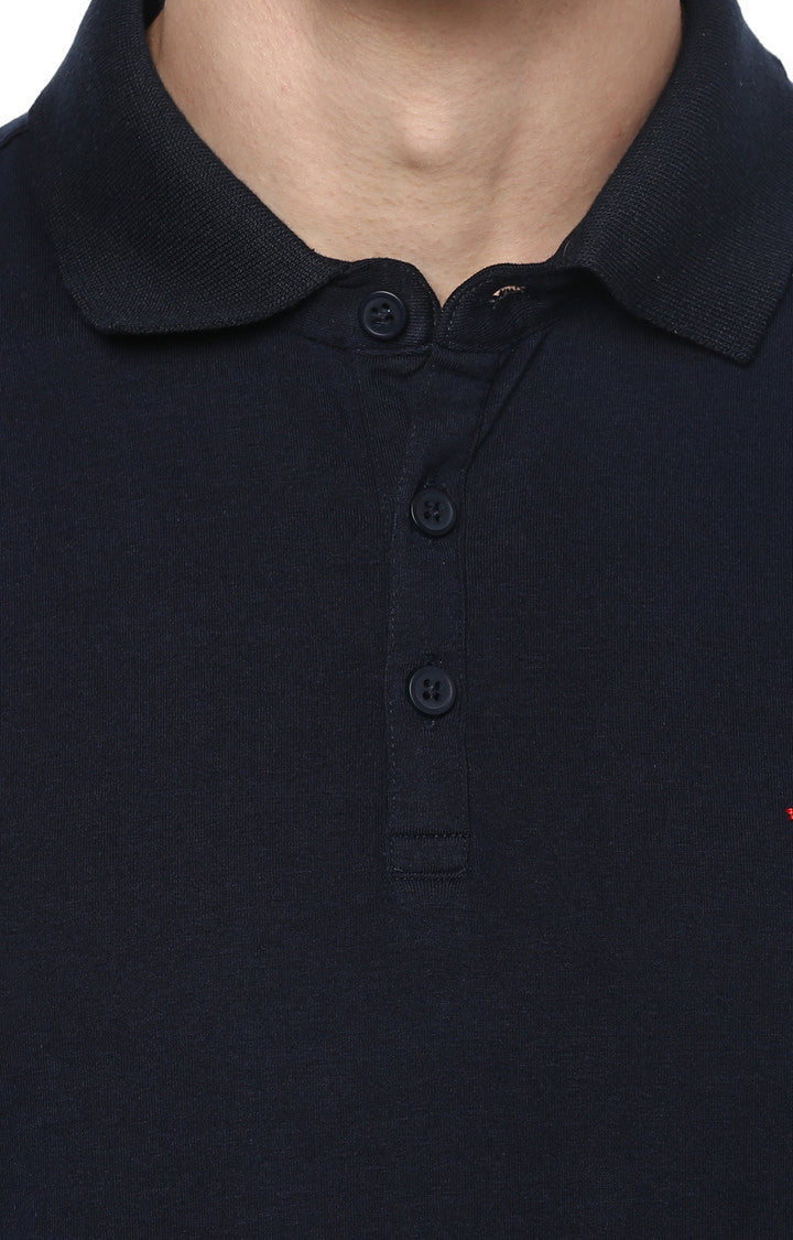 Spykar Navy Blue Solid Slim Fit Polo T-Shirt