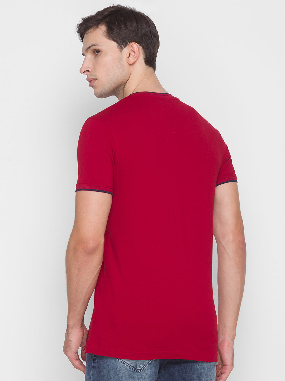 Spykar Men Red Cotton Slim Fit Round Neck T-Shirt