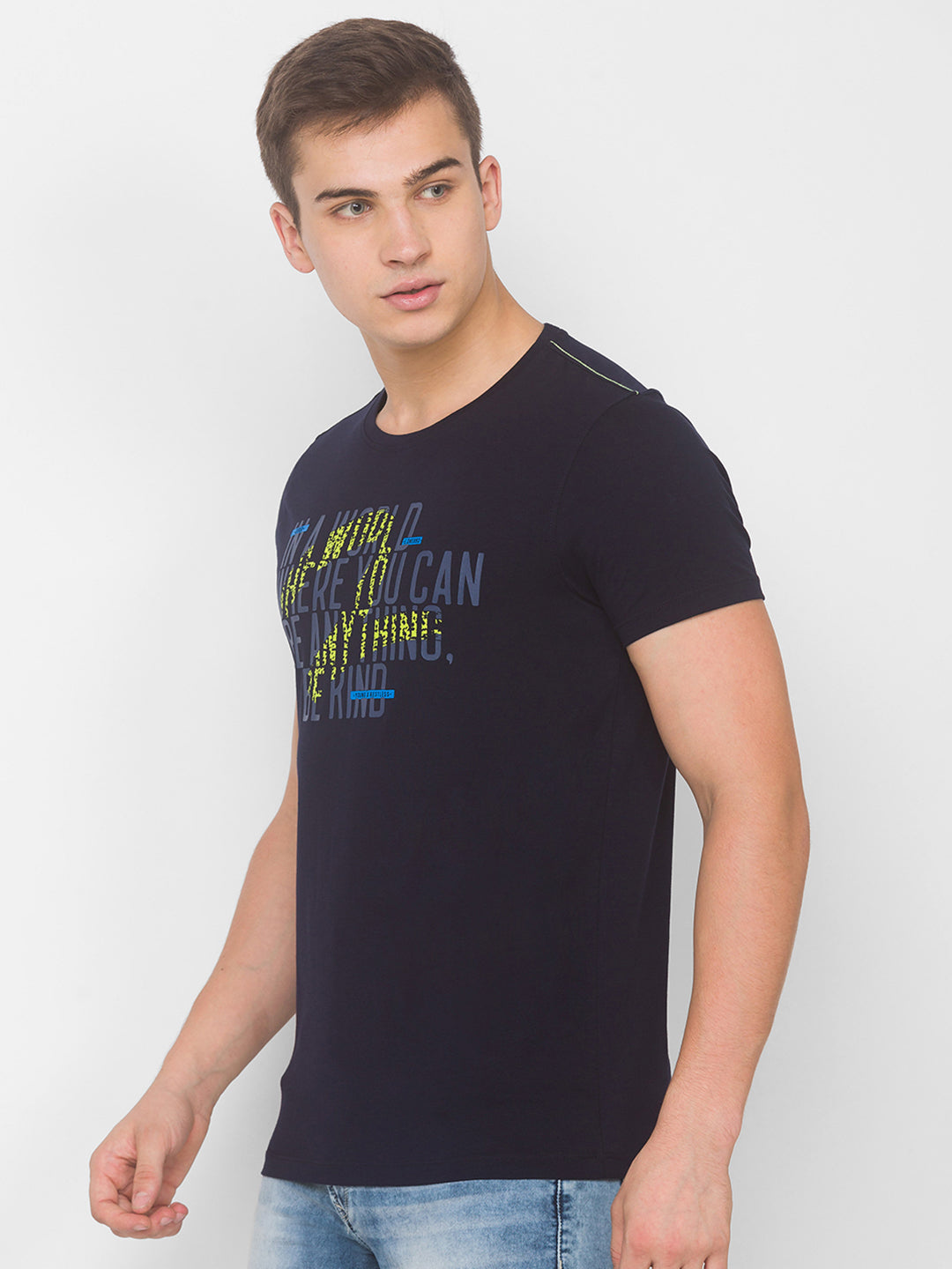 Spykar Men Blue Cotton Slim Fit Round Neck T-Shirt