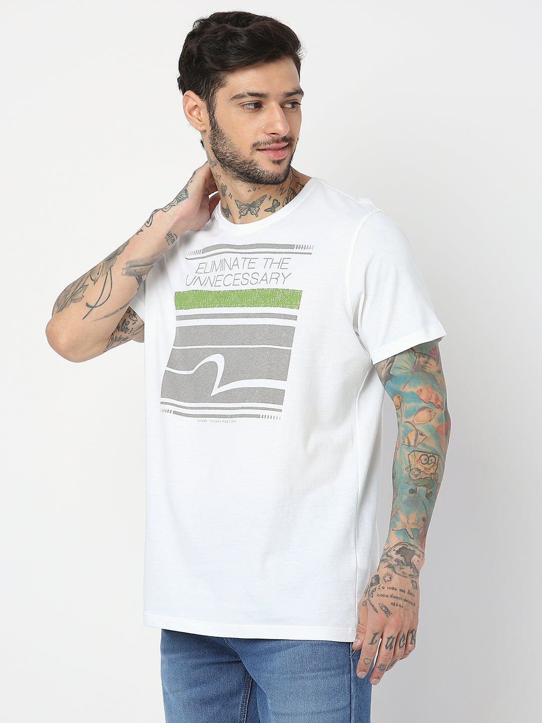 Spykar Men White Cotton Slim Fit Round Neck Printed T-Shirt