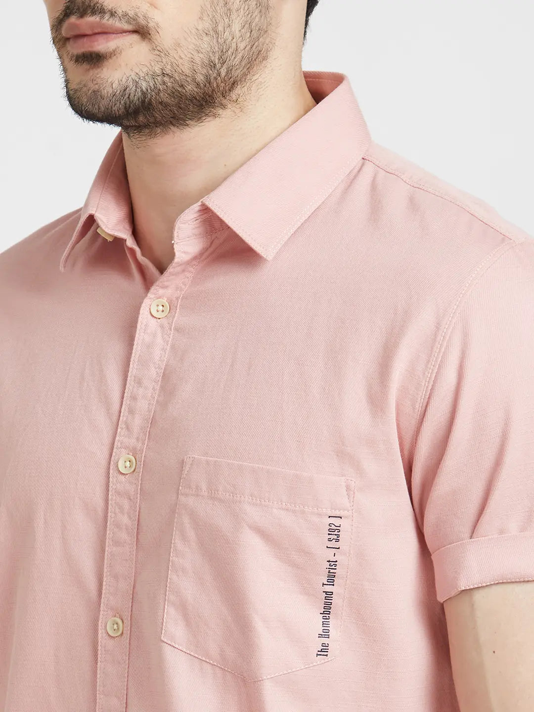 Spykar Men Dusty Pink Twill Regular Slim Fit Half Sleeve Plain Shirt