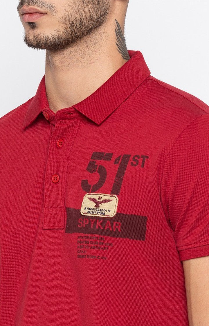 Spykar Red Printed Slim Fit Polo T-Shirt