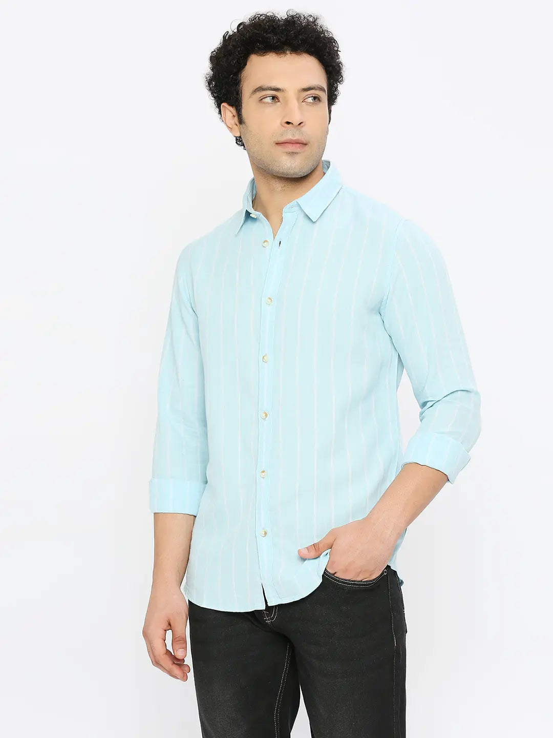 Spykar Men Sky Blue Cotton Linen Slim Fit Full Sleeve Striped Shirt