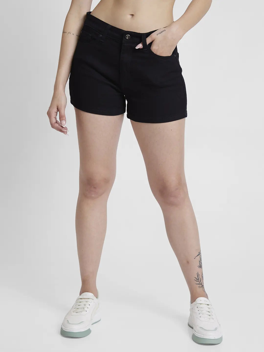 Spykar Women Black Cottom Slim Fit Above Knee Length Denim Shorts