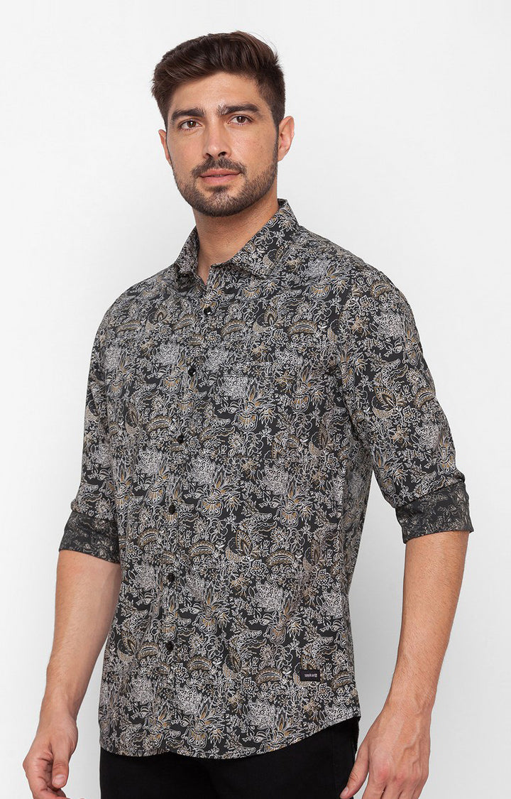 Spykar Bottle Green Cotton Full Sleeve Printed Shirt For Men