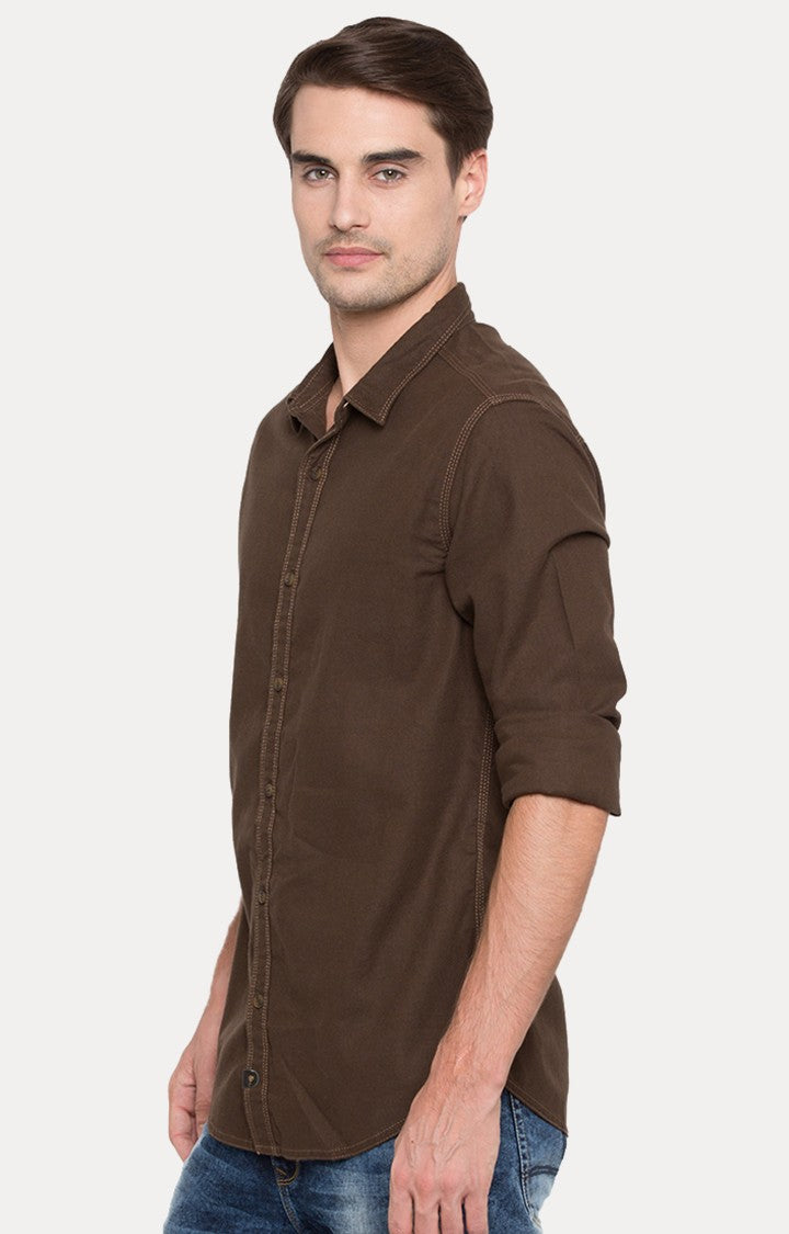 Spykar Men'S Brown Cotton Solid Casual Shirts