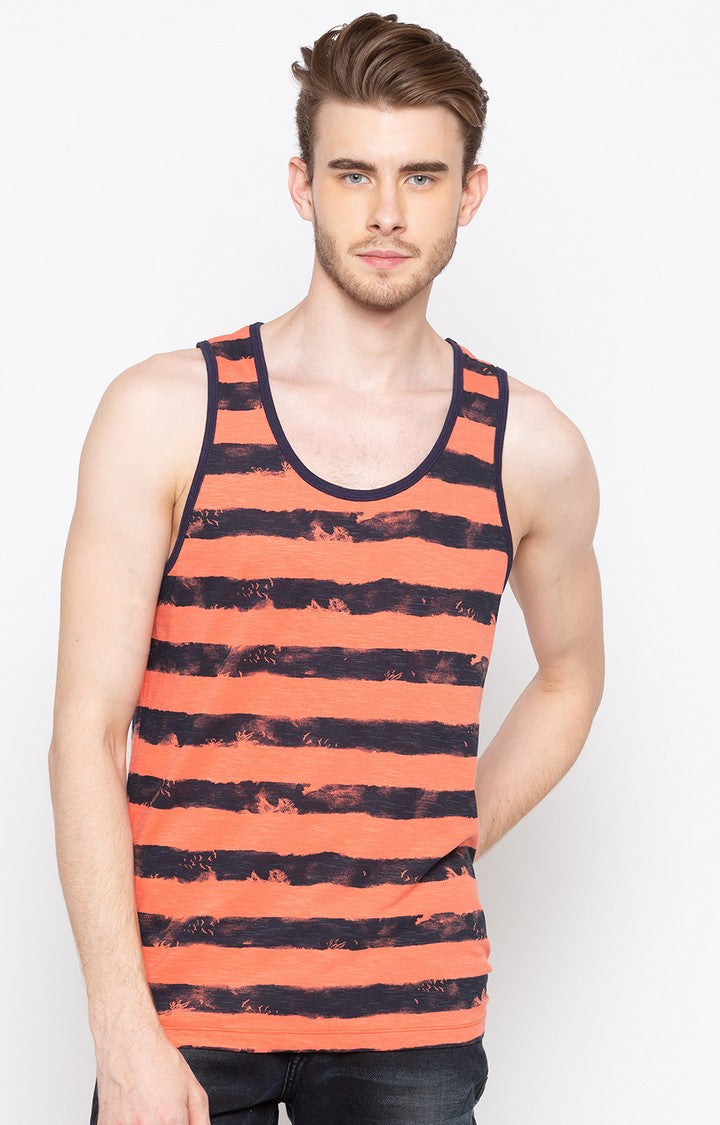 Spykar Orange Striped Slim Fit Men T-Shirts