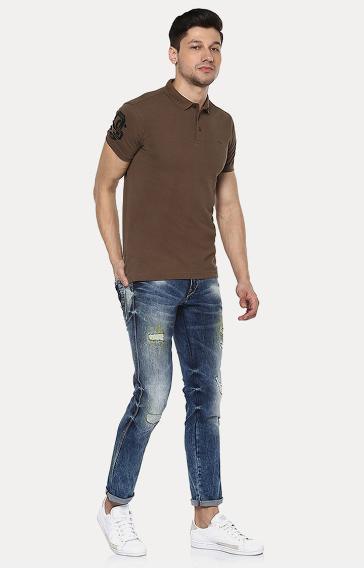 Spykar Brown Solid Slim Fit Polo T-Shirt